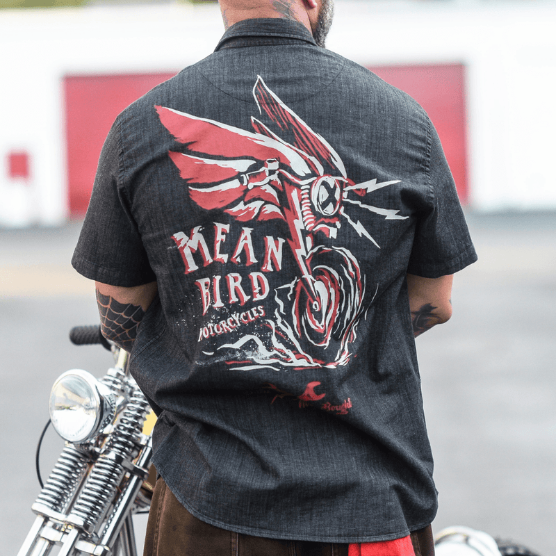 Mean Bird Motorcycles 'Fire Bird' Mens Black Short Sleeve Stretch Denim Shirt