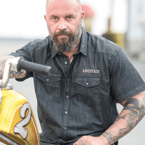Mean Bird Motorcycles 'Fire Bird' Mens Black Short Sleeve Stretch Denim Shirt